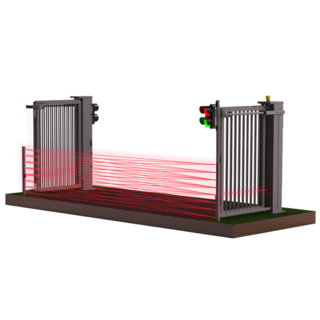 Render van een open trackless speedgate met fotocelgordijn