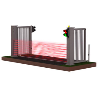 Render van een speedgate met ondergeleiding vanaf de buitenkant, open.